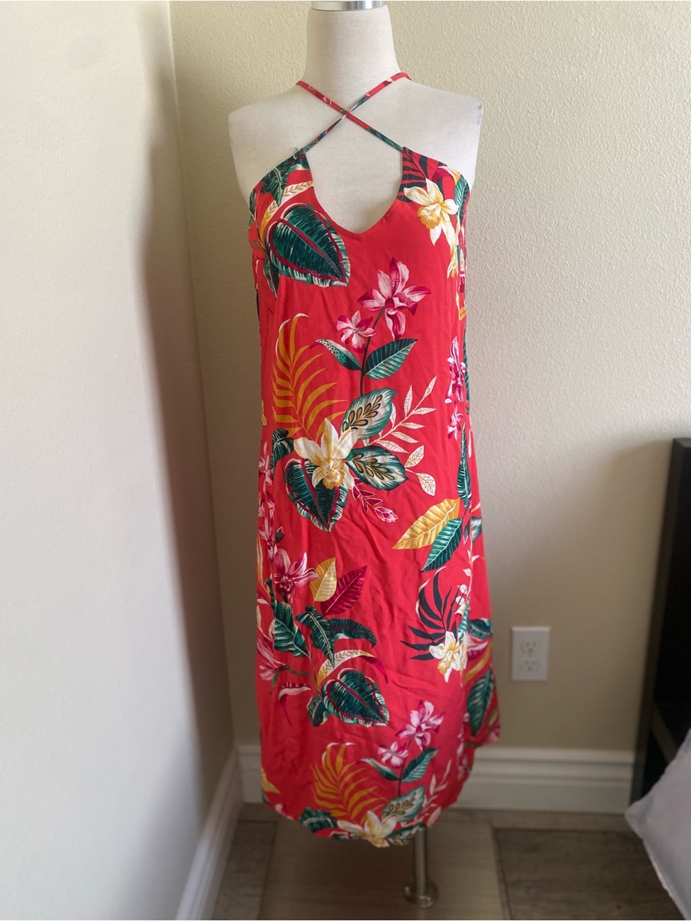 Old Navy Red Tropical Floral Crossback Midi Dress